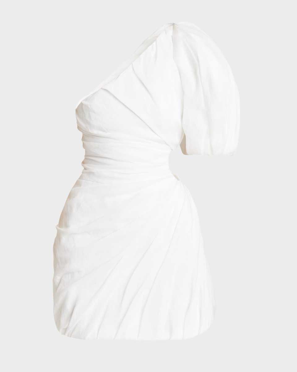Asymmetric Draped Ramie Voile Mini Dress With Maxi Balloon Sleeve